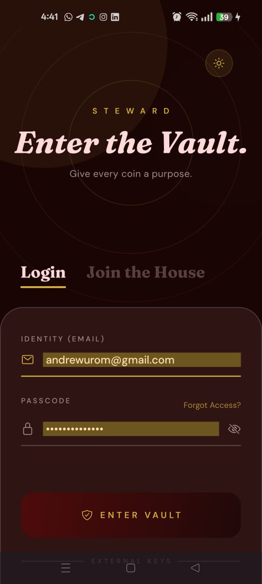 Steward - Enter the Vault login screen